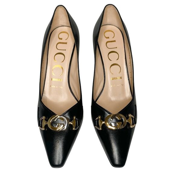 Gucci Zumi Black Leather Heels 37 EU 7 US Interlocking G Horsebit Made in Italy - Picture 2 of 13